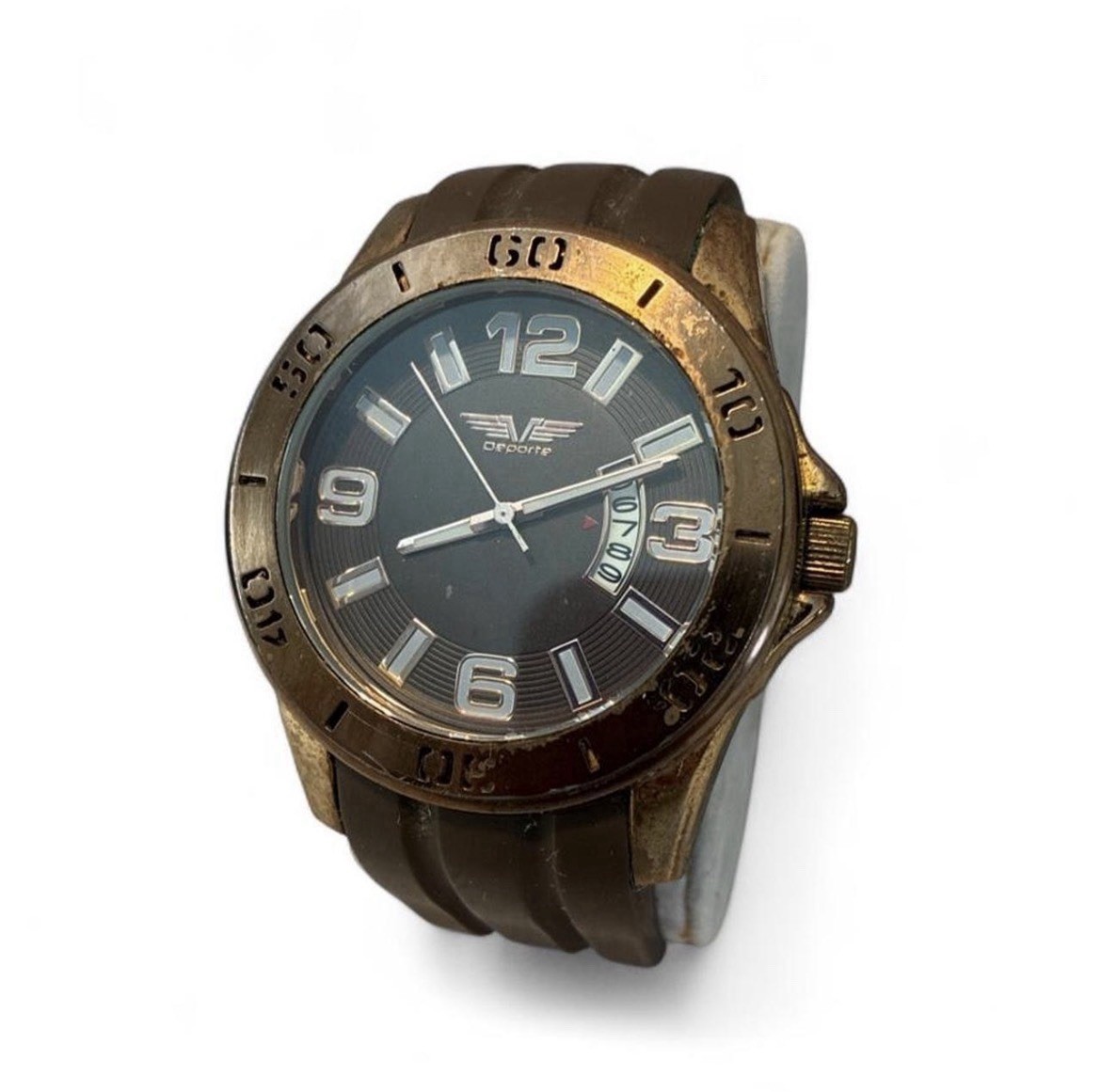 Deporte Mens Analog Quartz Watch Brown Dial Bronze-Tone Case Date Silicone