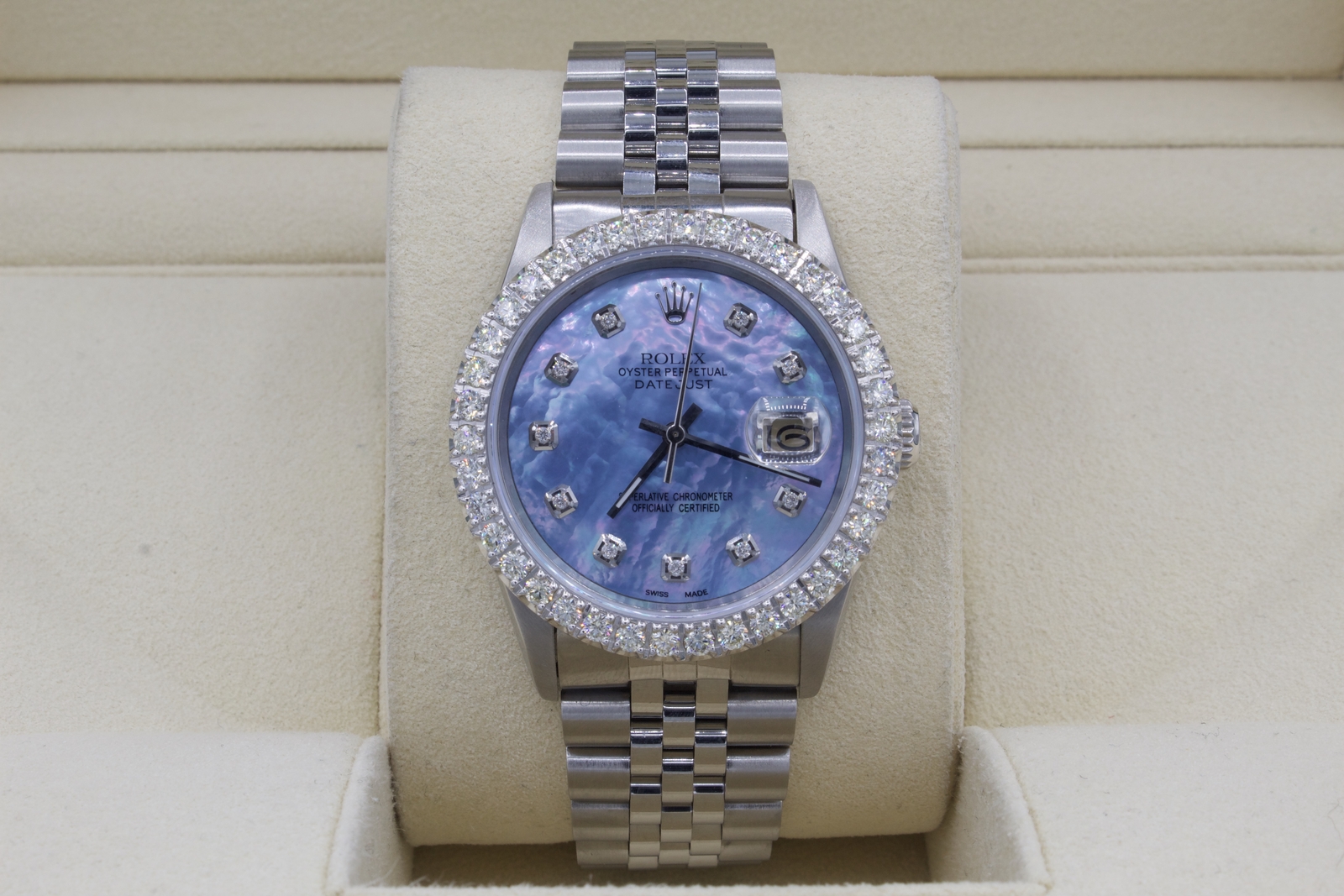 Rolex Datejust 36mm Custom 3ct VS Diamond Bezel & Sky Blue MOP Dial S/S Quickset