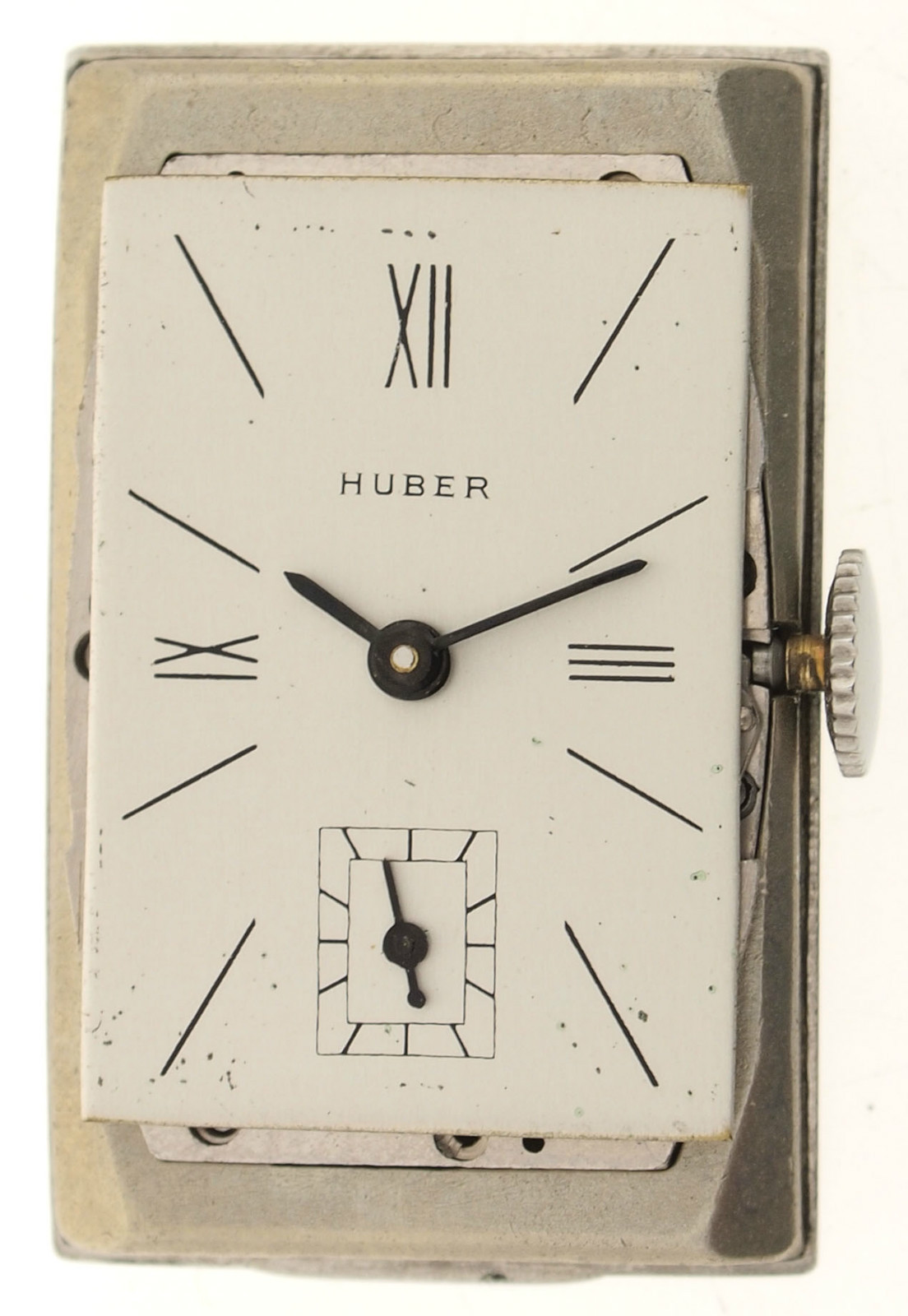 ART DECO STAHL HERRENUHR VOM MÜNCHENER JUWELIER HUBER – NEW OLD STOCK – ca. 1935