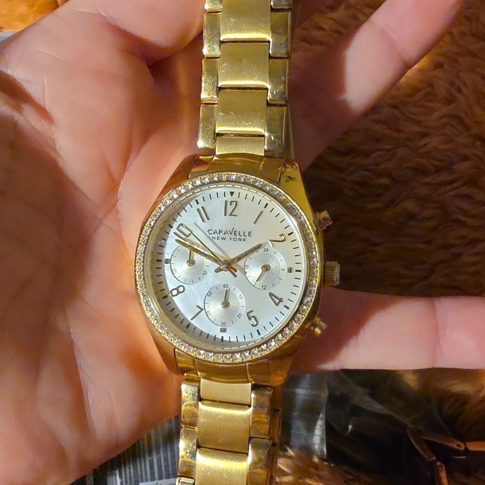 Caravelle New York Women’s Gold Tone Quartz Watch Crystal Bezel Bracelet