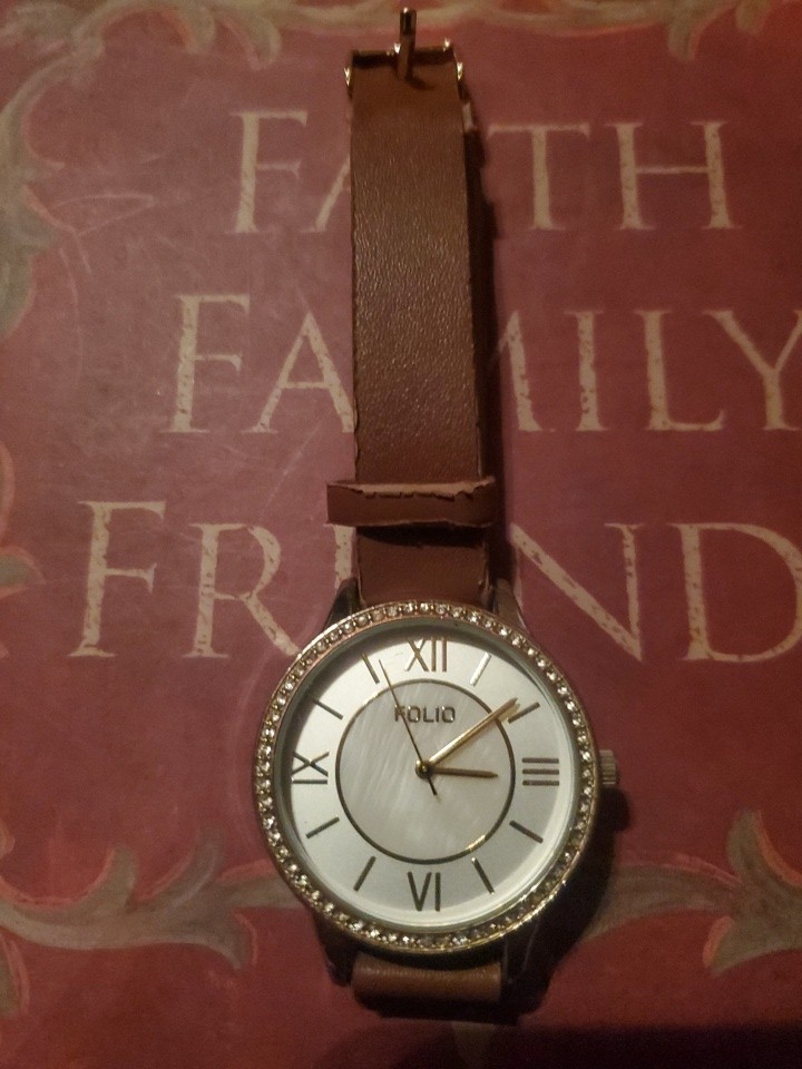 Women’s Folio Watch Gold Accents and Crystals Faux Leather Brown Used