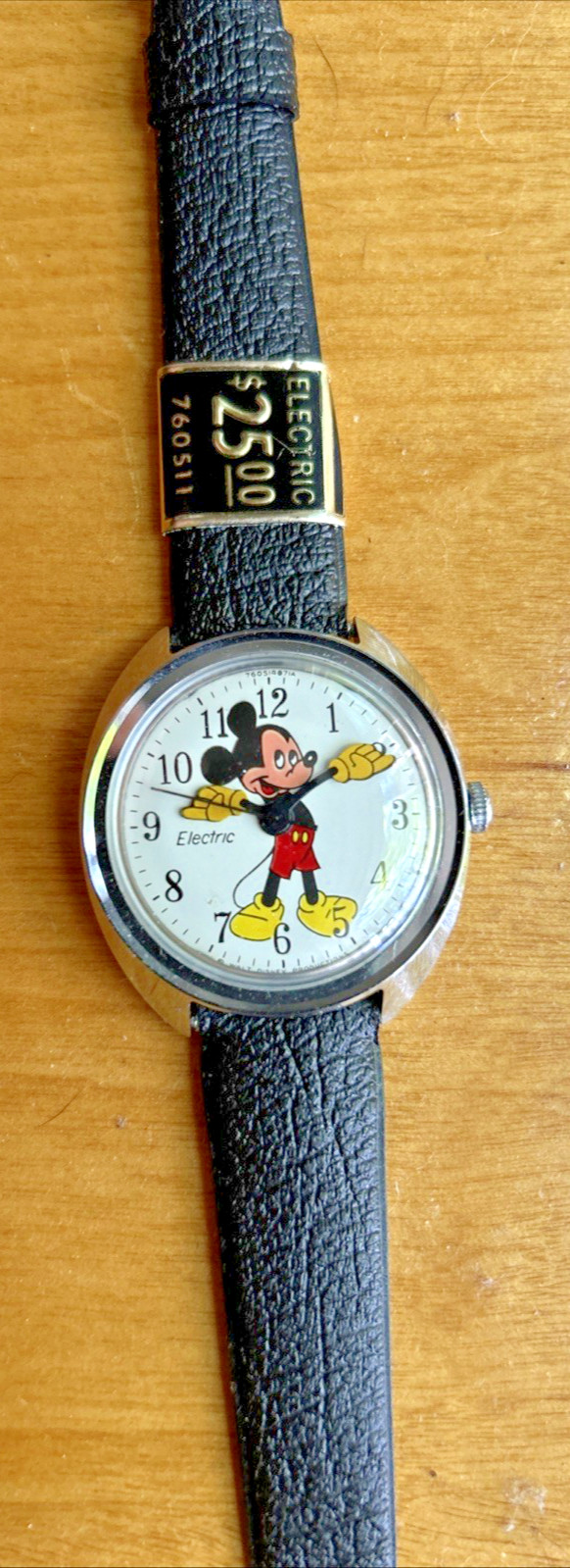 Mickey Mouse Vintage 1971 Timex Electric Watch Black Leather Excellent Cond