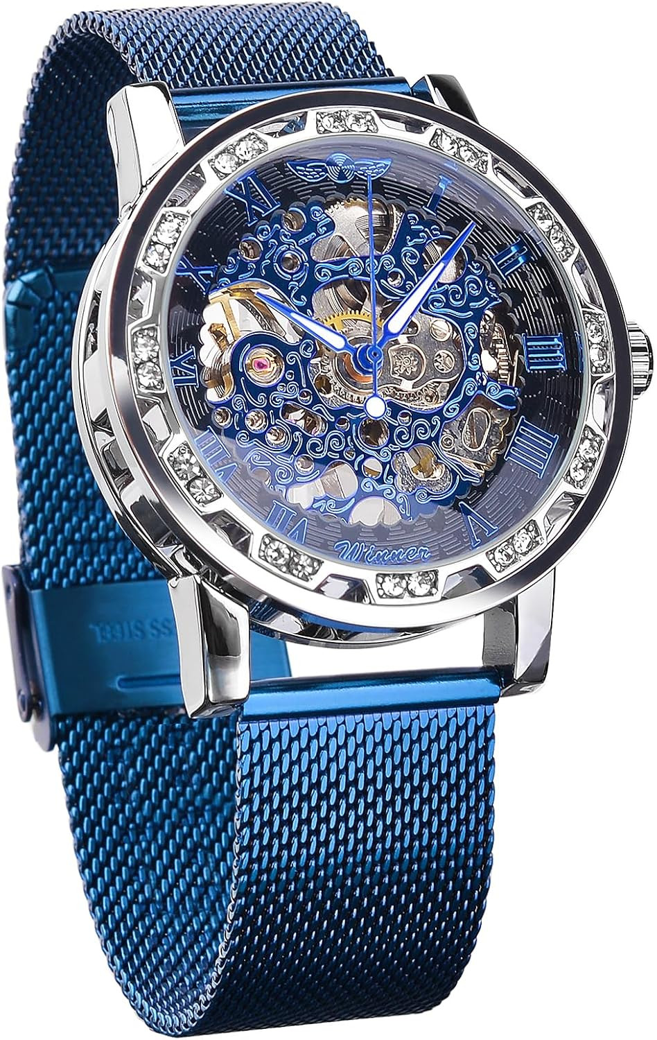 Winner Retro Manual Mechanical Skeleton Watch with Diamond and Carving Flower