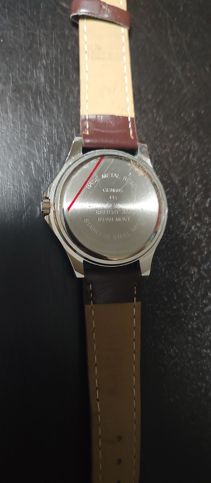Silver Tone watch, GEN605-415, brown Faux leather band, white dial, new 377 batt