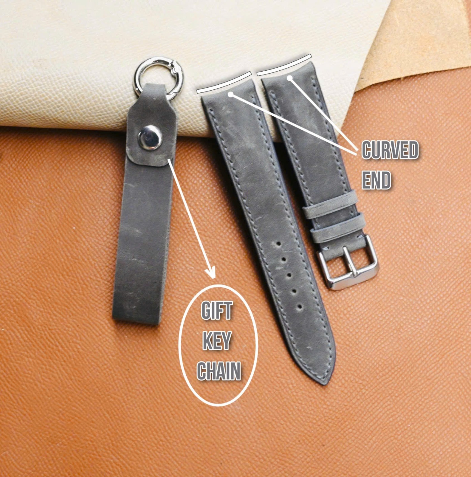 Handmade Curved End Watch Strap, Grey Leather, size 20-18 can change size length