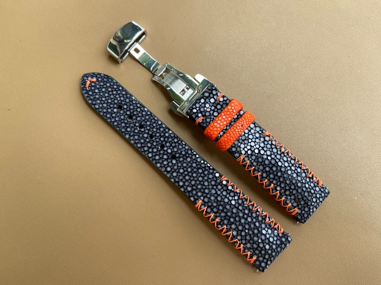 Size 22mm/20mm, Handmade Black Stingray Leather Watch Strap Band, Custom Strap