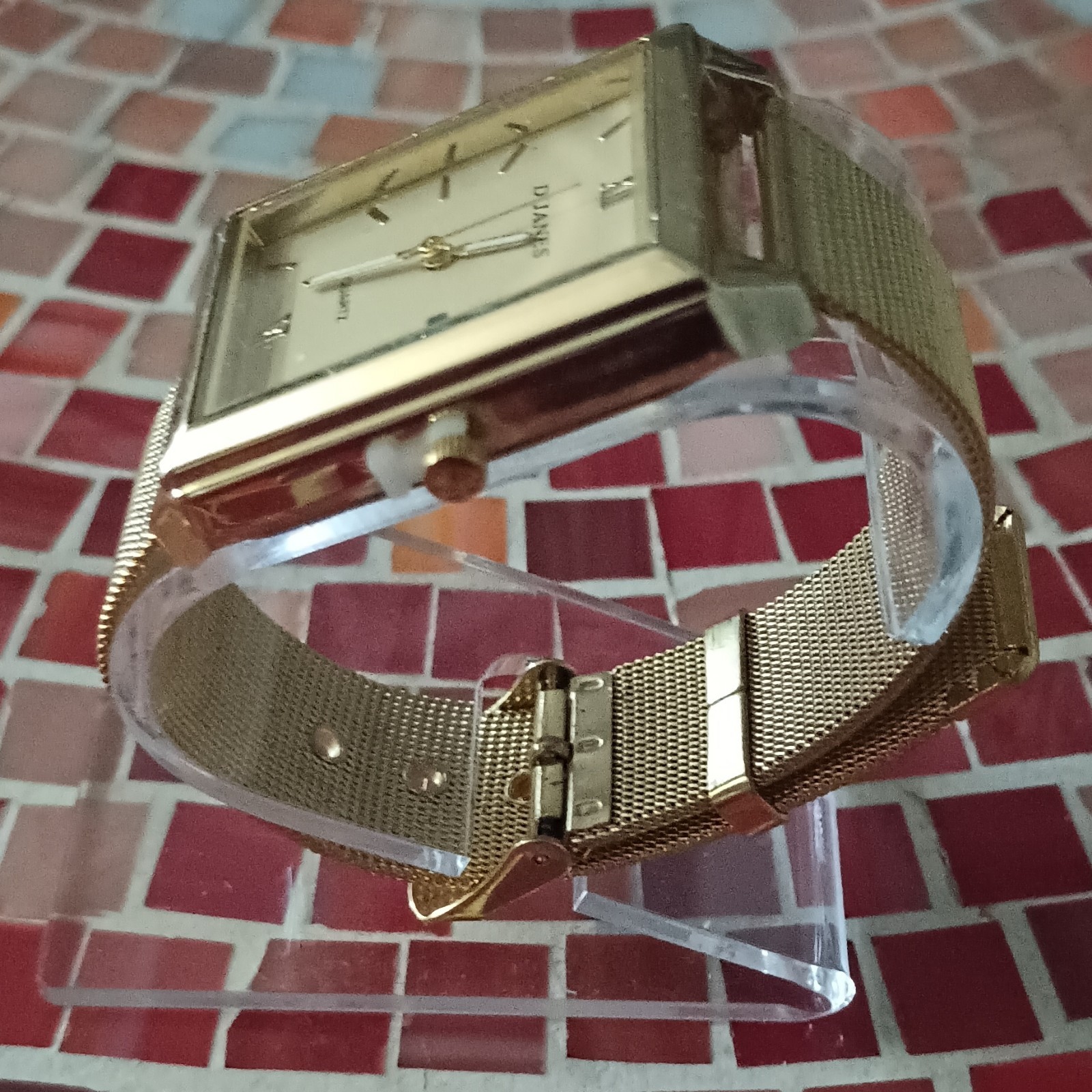 Dijanes Rectangular Quartz Dress Wristwatch Gold Tone Mesh Band Date