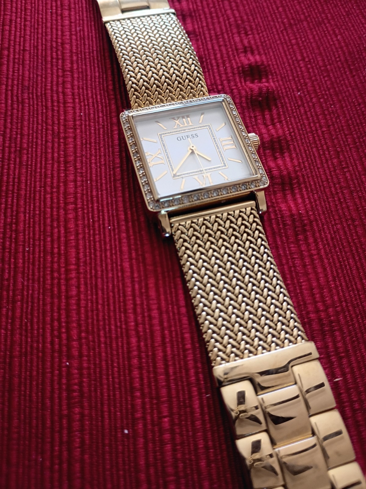 GUESS Women’s Square Analog Quartz Watch Roman Numerals Gold Tone White Dial