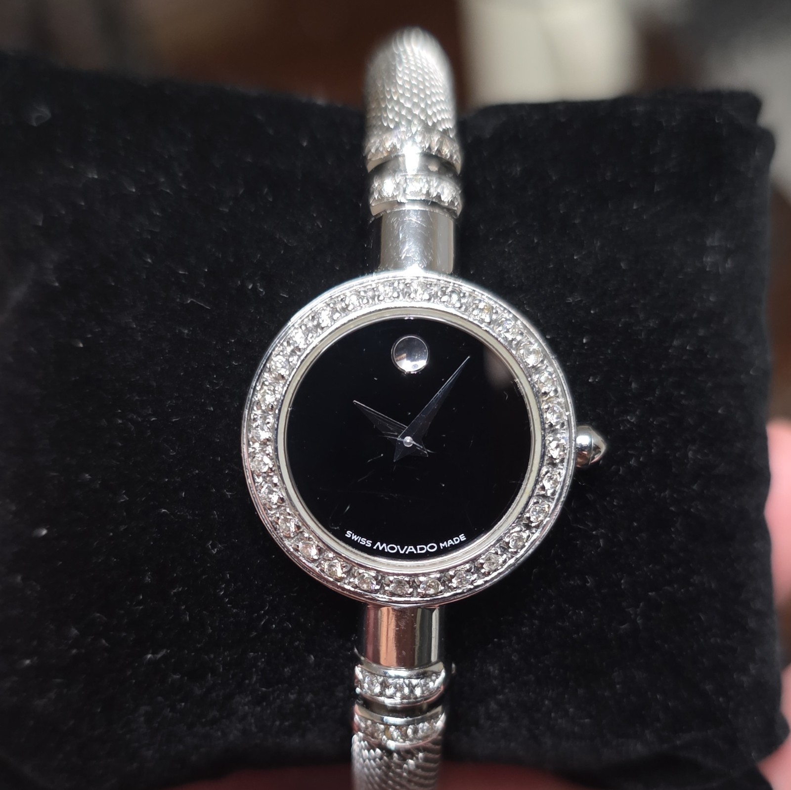 Movado Museum Baraleto Women’s Black Dial Diamond Bezel Silver Bracelet Watch