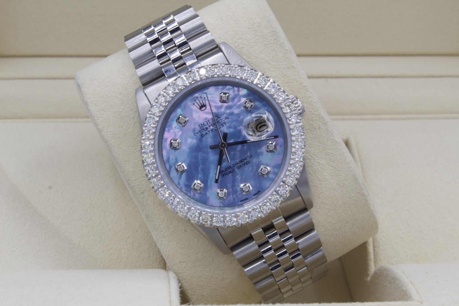 Rolex Datejust 36mm Custom 3ct VS Diamond Bezel & Sky Blue MOP Dial S/S Quickset