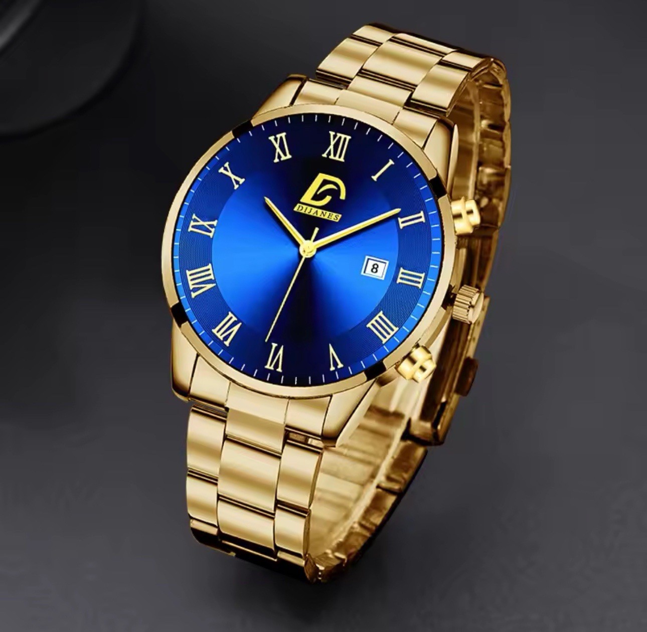 DIJANES Men’s Analog Wristwatch Date Blue Dial Roman Numerals Metal Band