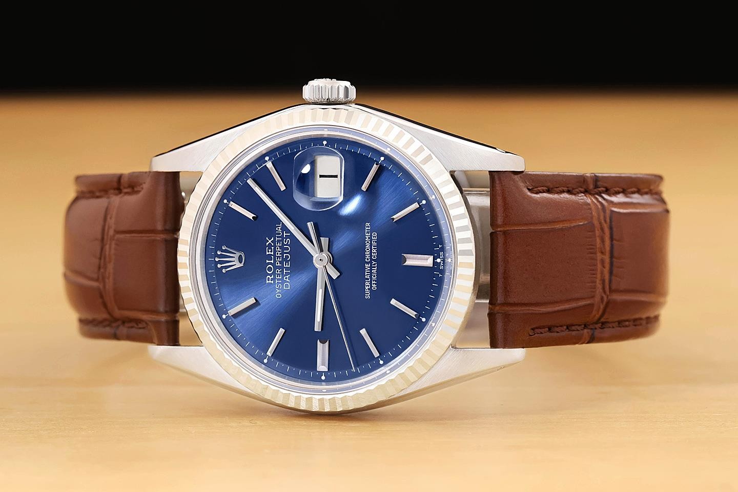 ROLEX MENS DATEJUST 1601 BLUE DIAL 18K WHITE GOLD STEEL WATCH w/ LEATHER BAND