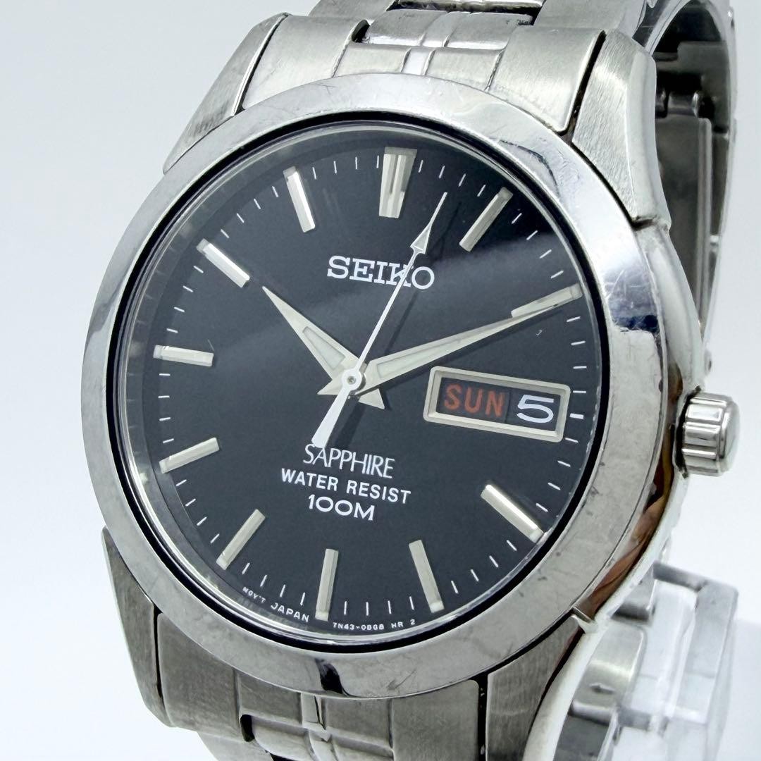 Working New Battery SEIKO SAPPHIRE Black Dial 7N43 0AR0