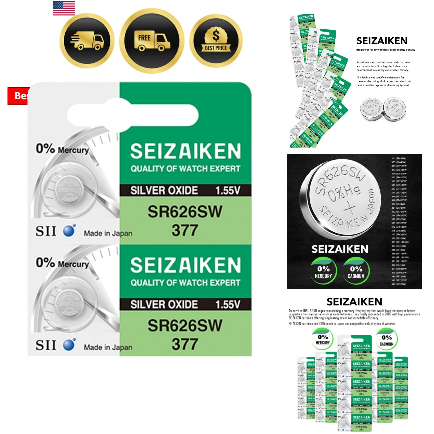 377 SR626SW 1.55V 0% Hg Silver Oxide Watch Battery 2 Batteries Made in Japan …