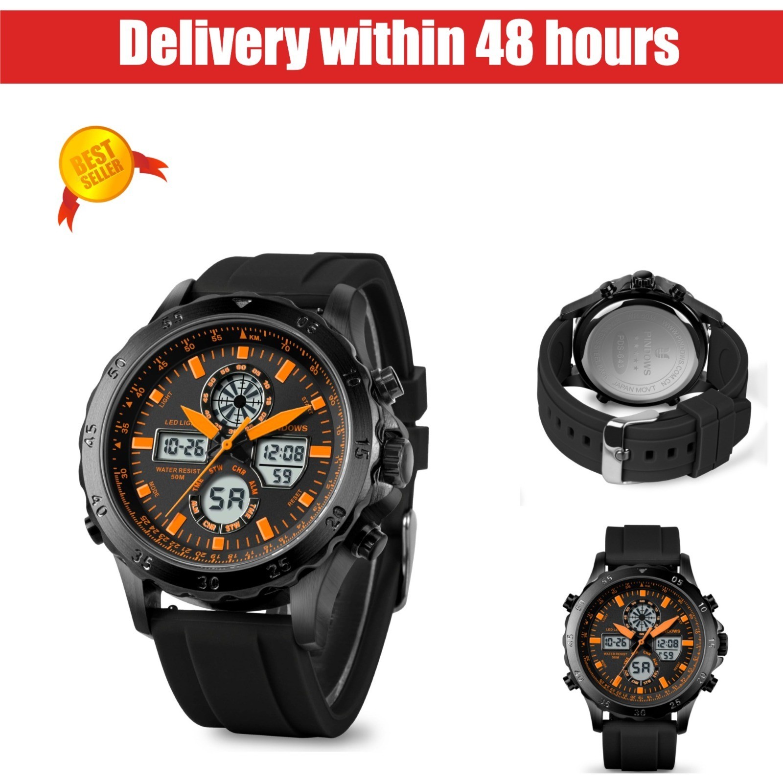 PINDOWS Men’s Waterproof Military Digital Analog Sport Watch