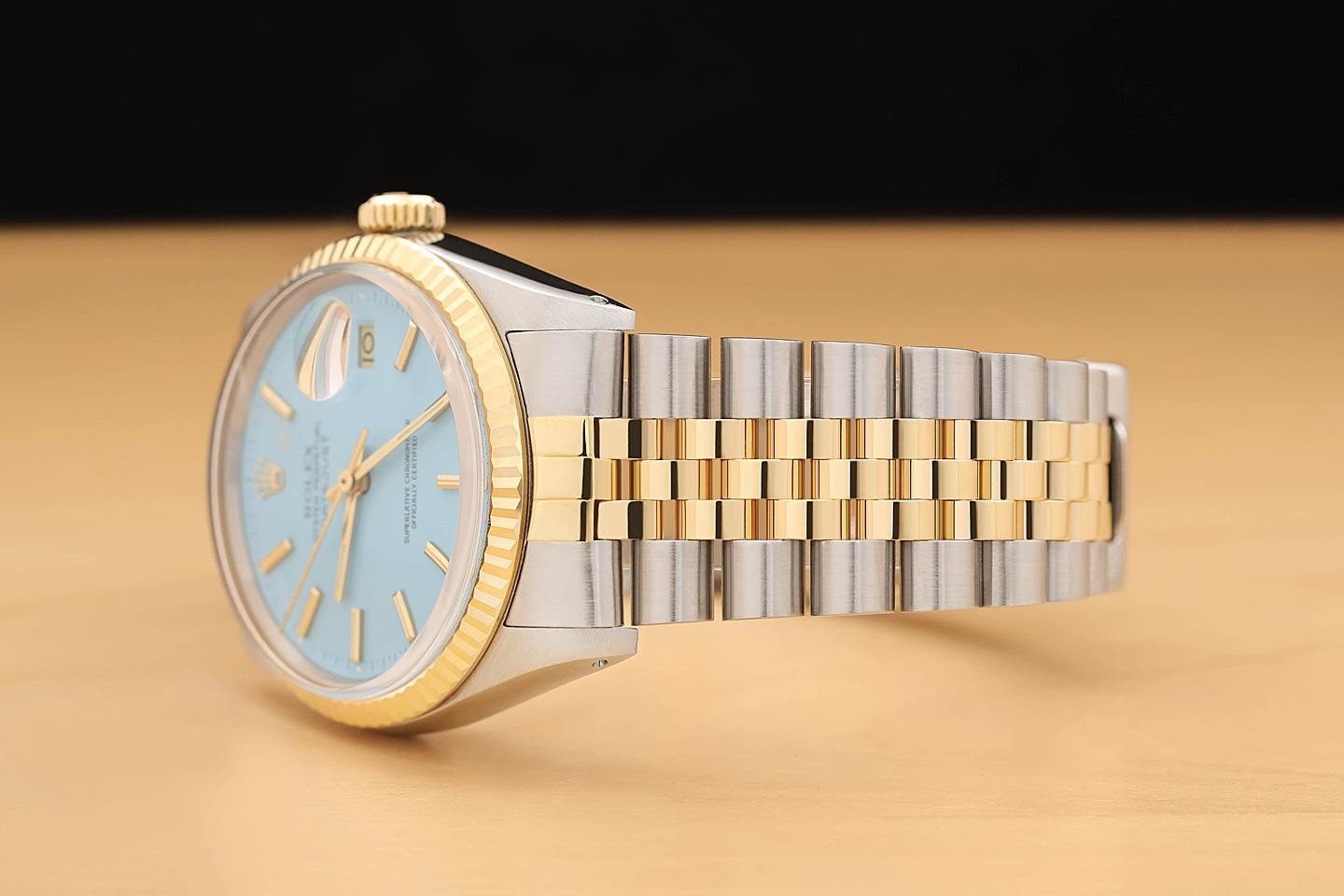 ROLEX MENS DATEJUST 16013 AQUA BLUE DIAL 18K YELLOW GOLD STAINLESS STEEL WATCH