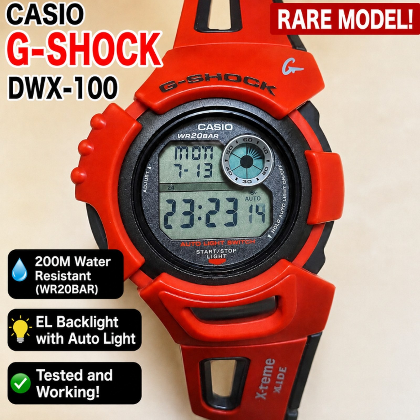 🔴 CASIO G-SHOCK DWX-100 Rare Red Digital Watch WR20BAR Working Vintage