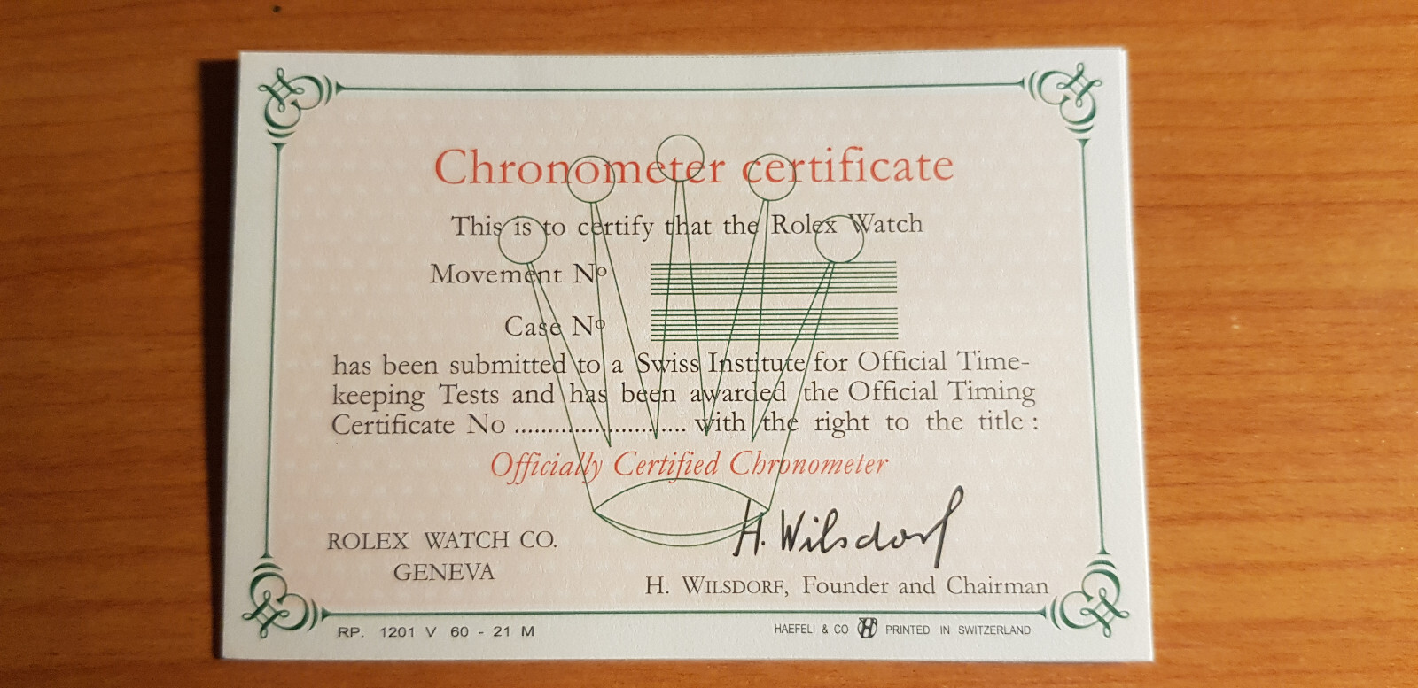 Rolex Chronometer certificate english from 1960 Ref; RP. 1204.V.60-21M