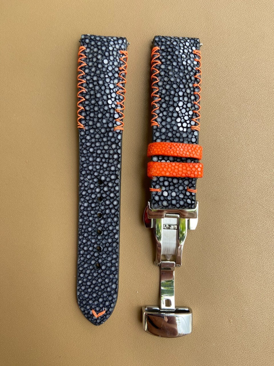 Size 22mm/20mm, Handmade Black Stingray Leather Watch Strap Band, Custom Strap