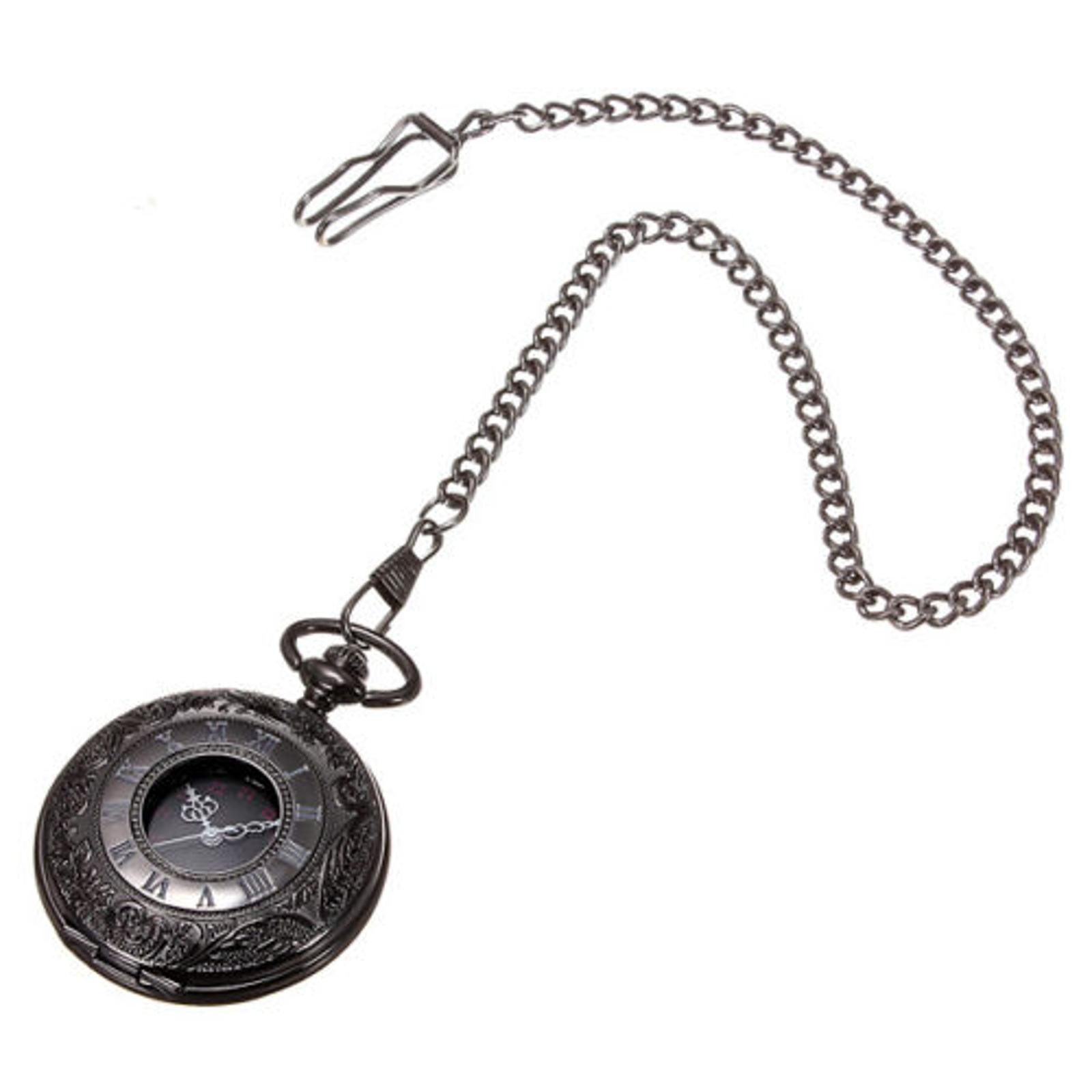 Vintage Retro Steampunk Pocket Watch Black Quartz Pendant Necklace Chain Gift H