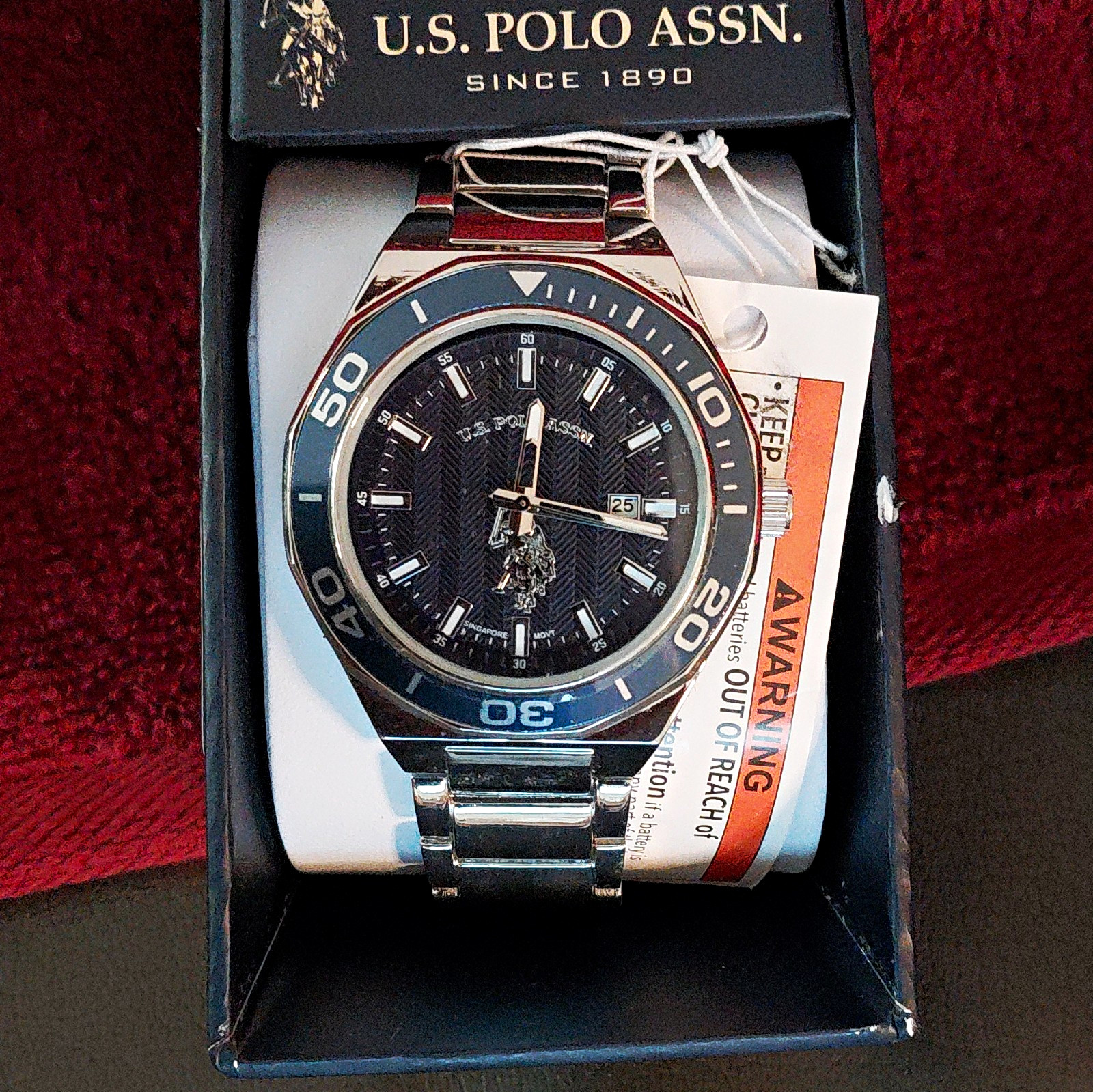 U.S. Polo Assn. Men’s Quartz Analog Watch Black Chevron Dial Blue Bezel Box