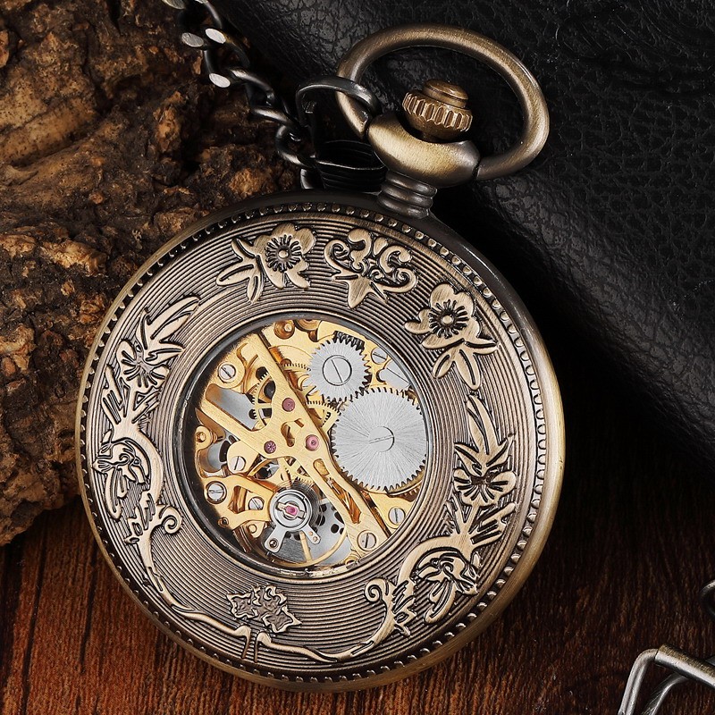 Vintage Retro Mechanical Pocket Watch with Chain Hand-winding Skeleton Steampunk