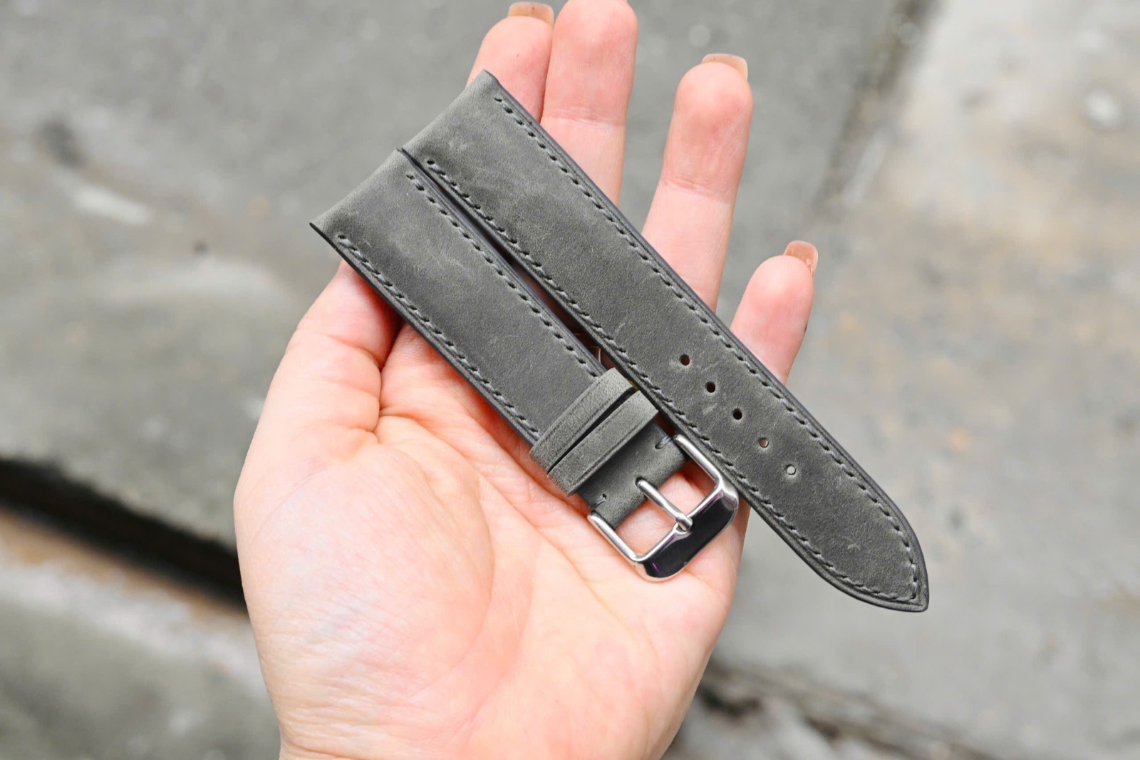 Handmade Curved End Watch Strap, Grey Leather, size 20-18 can change size length