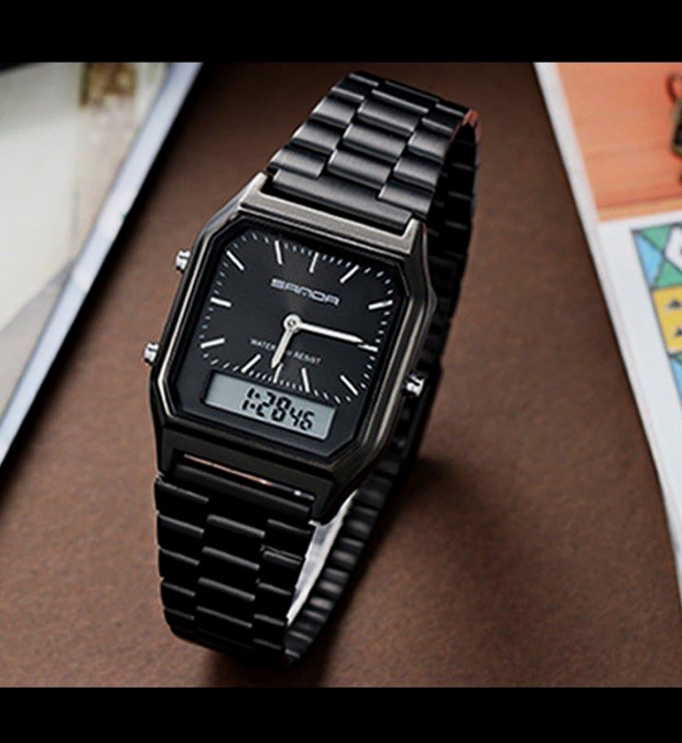 Watch for Men-Black-SANDA Analog-Digital Quartz-Stainless Steel. Adjustable size