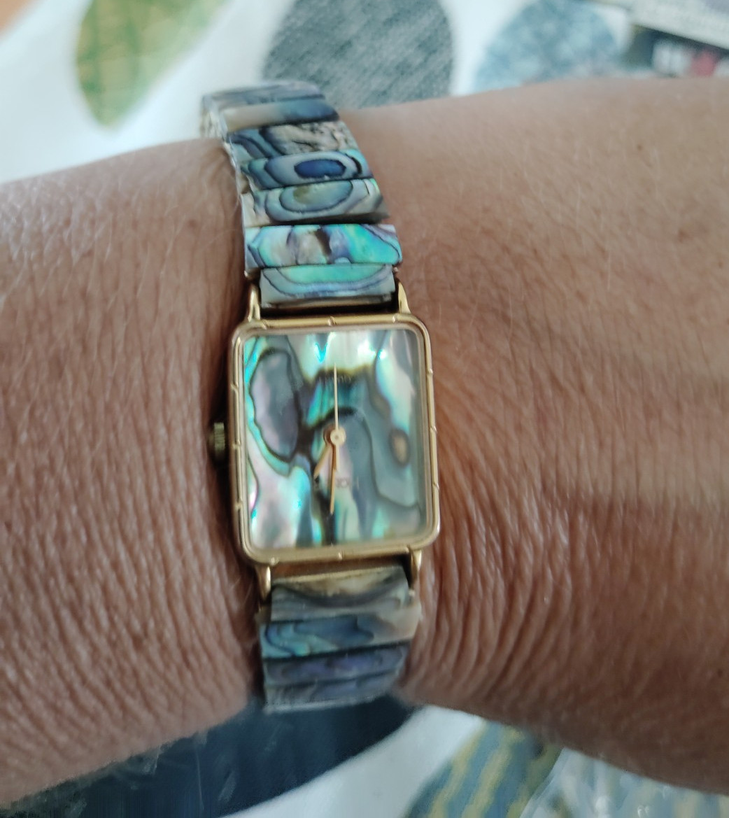 Women’s Rectangular Abalone Shell Dial Dress Watch Gold-Tone Shell Bracelet