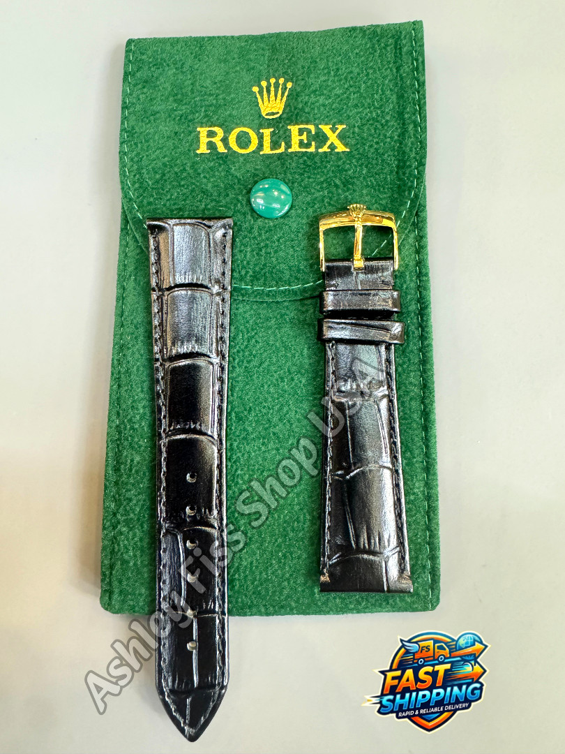ROLEX Genuine Black Leather Watch Strap 20-16mm Gold Buckle NOS