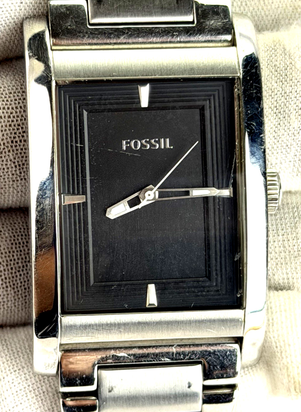 Fossil Stainless Curved Rectangular Mens Tank Watch Elegant Gentlemens NEW BATT