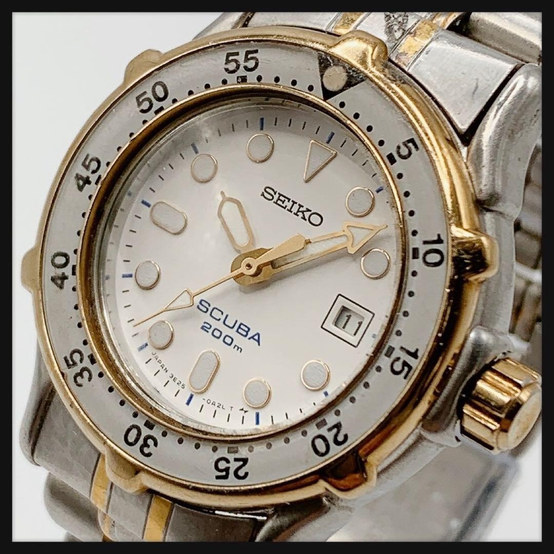 SEIKO SCUBA Diver 200m Quartz Watch Silver Gold White Dial Used Japan