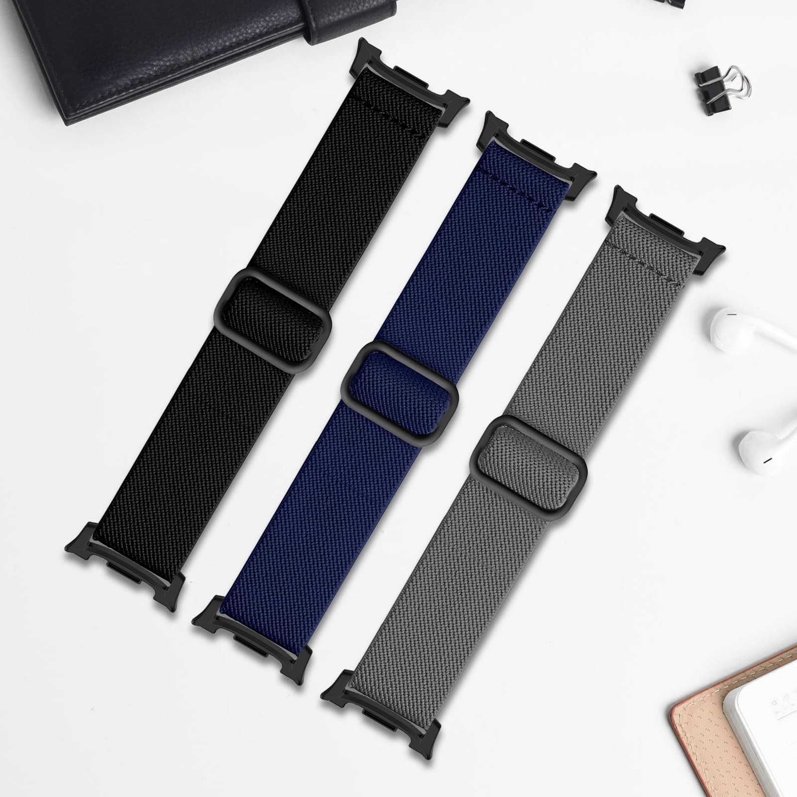 HAYONLIY 3 Pack Nylon Stretchy 6.3-9.5 inches, Black/Midnight Blue/Dark Gray