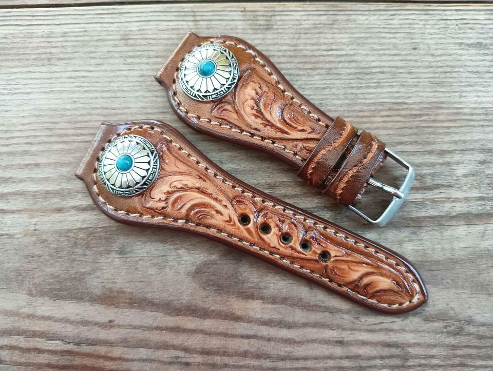 Carved Leather Watch Strap Handmade Hand Tool Strap Watch Custom Watch Gift 600