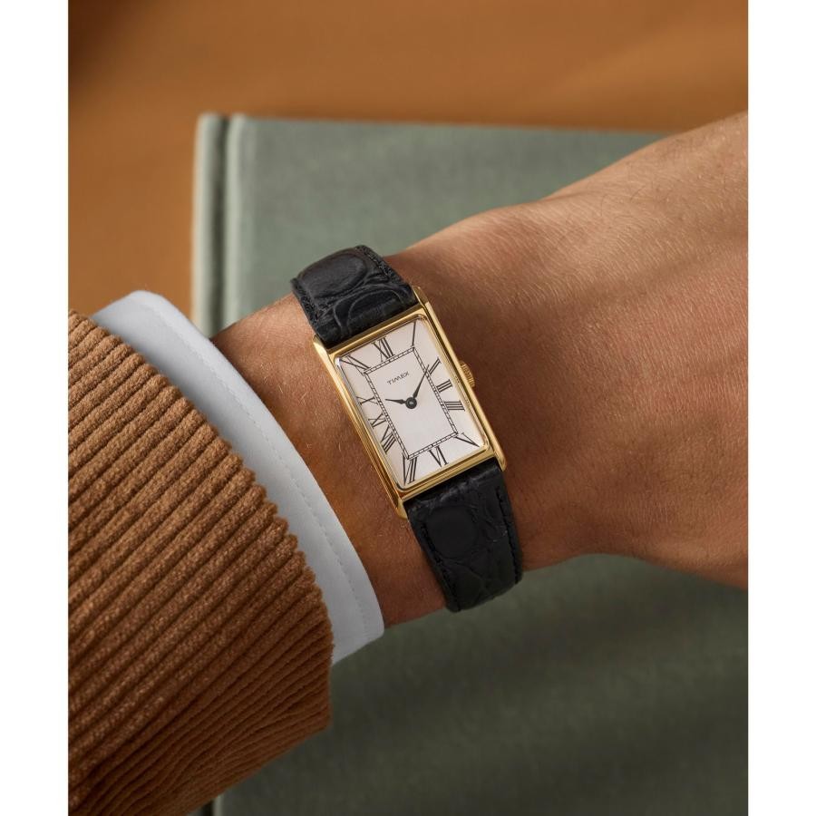 Timex 1976 Lexington Reissue TW2Y56200 Gold Dress Watch Black Leather Strap Box