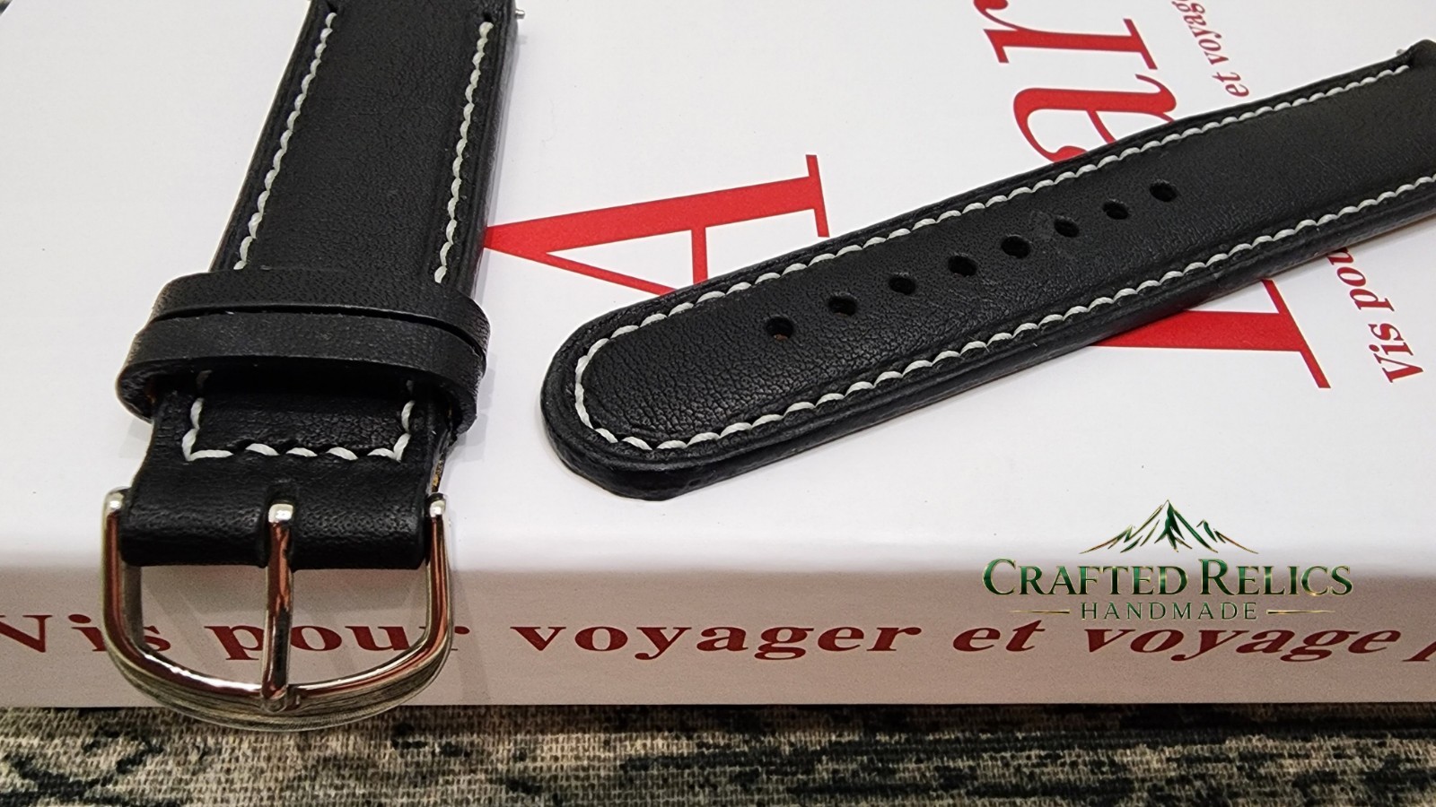 22mm Handmade Genuine Cowhide Leather Watch Strap Black 22-20 Workshop Special