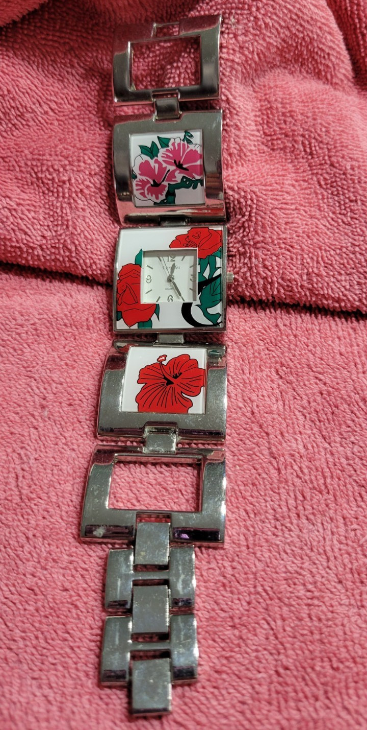 Non-working Women’s Quartz Square Floral Dial Silver Tone Metal Bracelet Watch