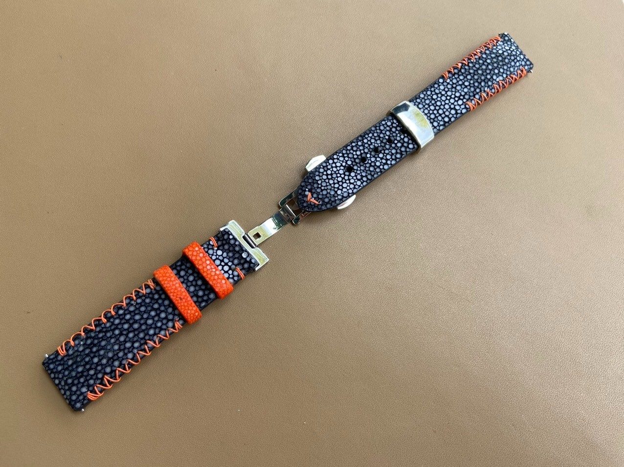 Size 22mm/20mm, Handmade Black Stingray Leather Watch Strap Band, Custom Strap