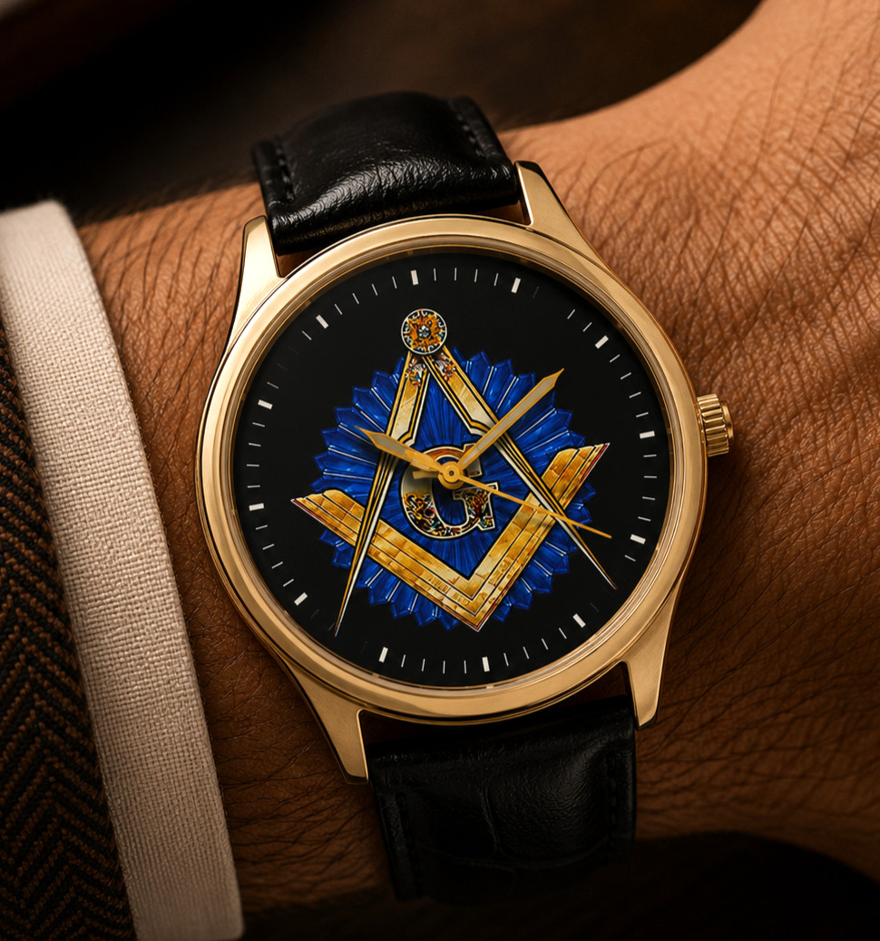 FREEMASONRY “G” LOGO SAPPHIRE BLUE METALLIC ART DIAL COLLECTIBLE MASONIC WATCH
