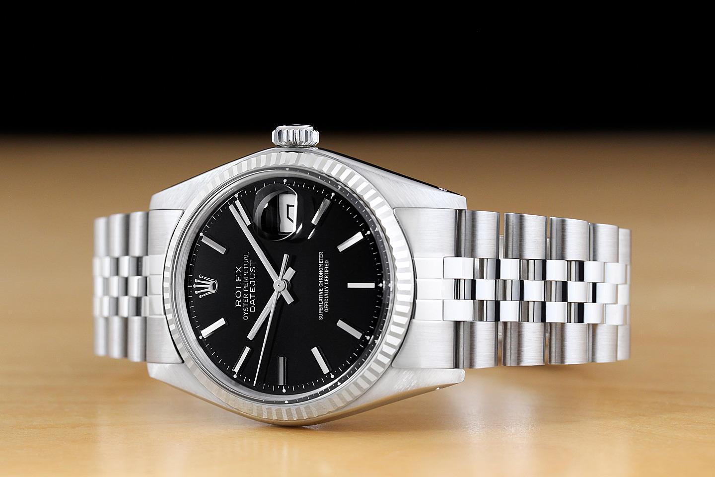 ROLEX MENS DATEJUST BLACK DIAL 18K WHITE GOLD STAINLESS STEEL JUBILEE WATCH