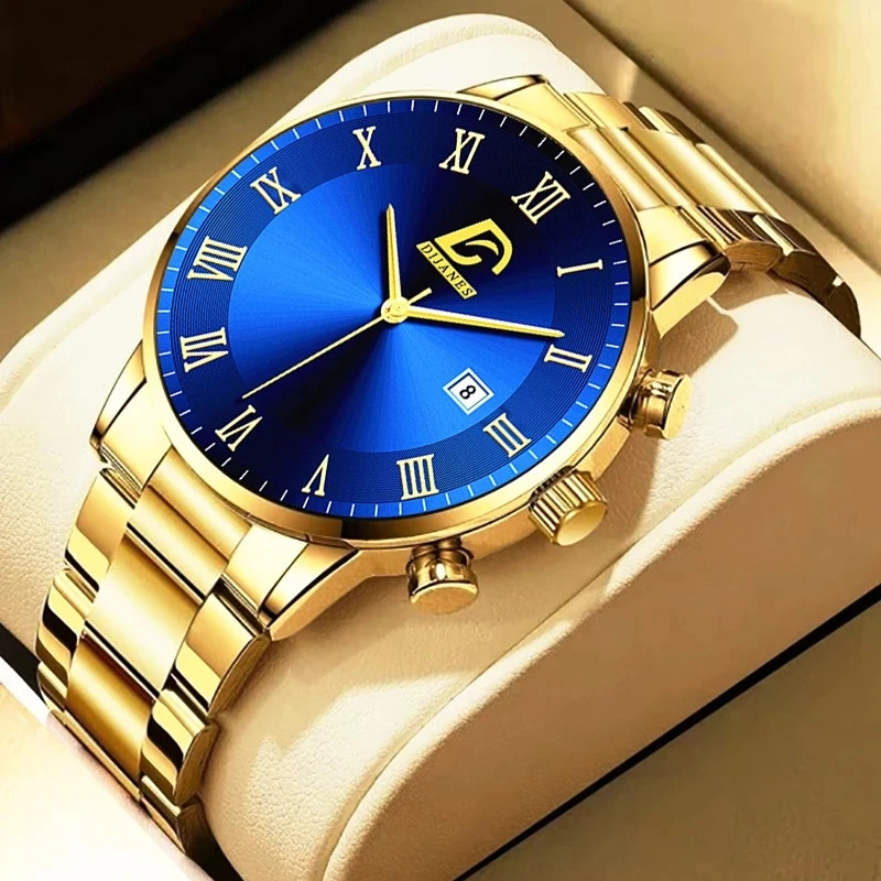 Mens Fashion Quartz Watch Gold Stainless Steel Wristwatches Waterproof Luminous