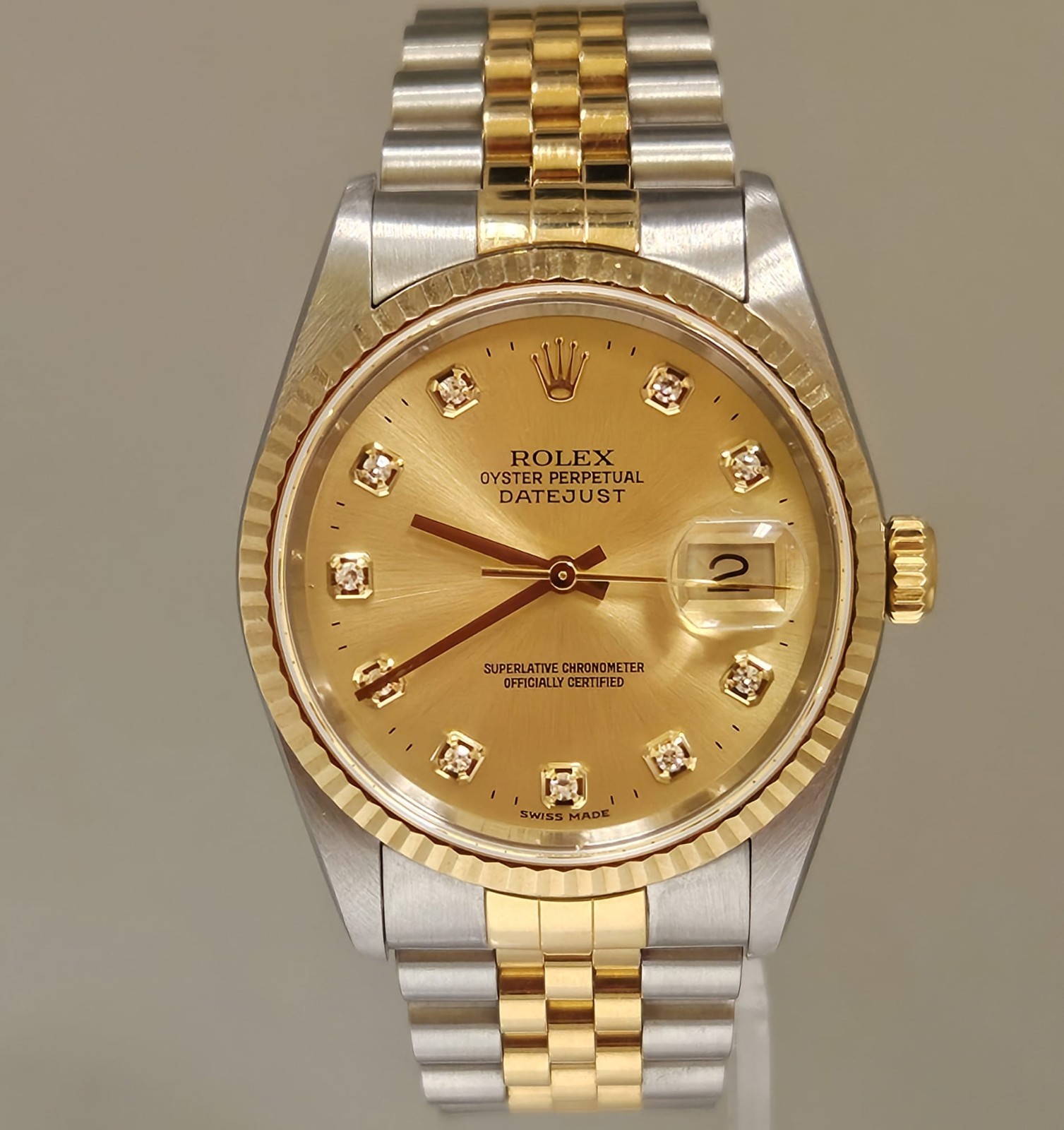 Rolex Mens Datejust 16233 18K Y Gold & SS 2 Tone Factory Diamond Dial Jubilee