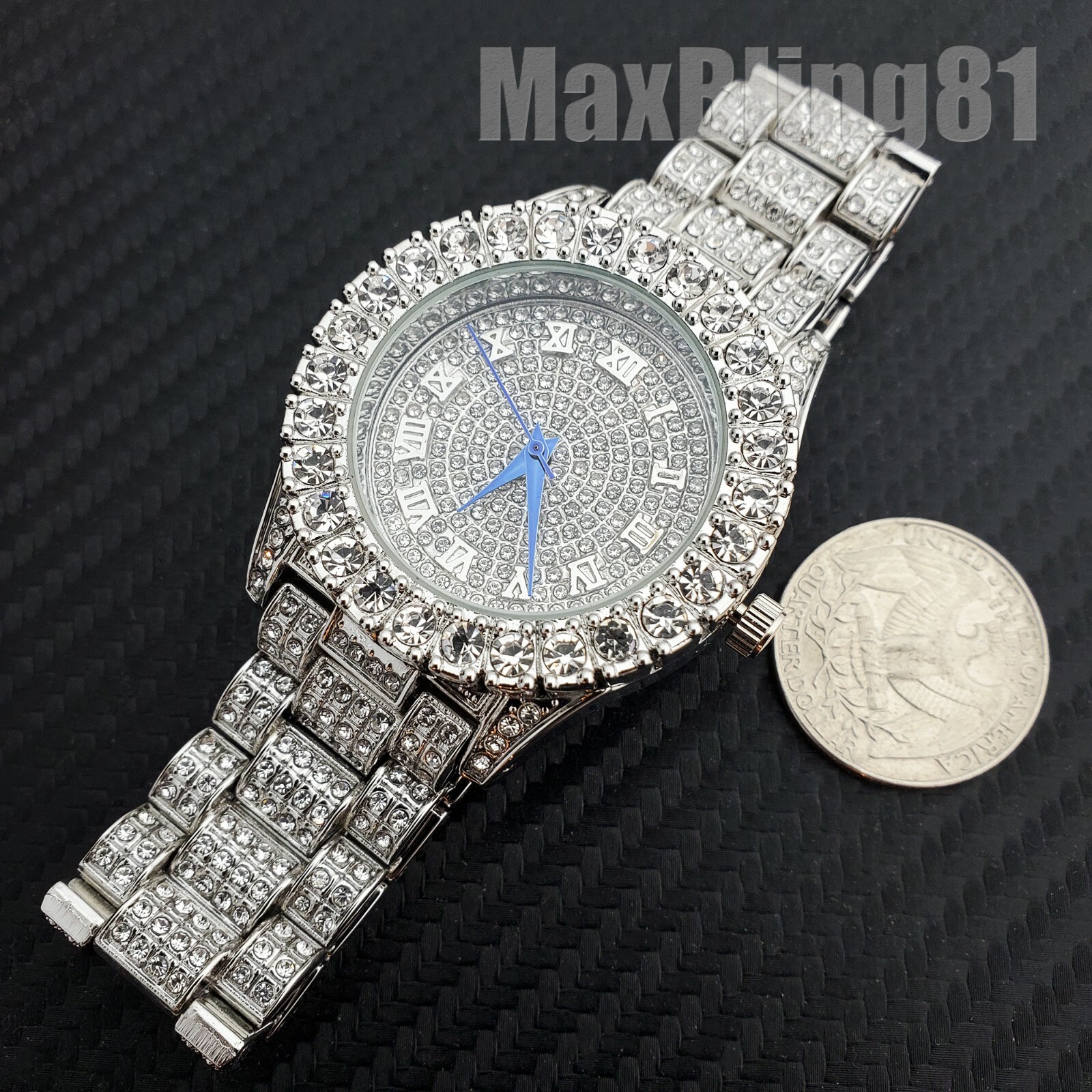 Women’s Hip Hop Iced Silver Plated Bling Lab Diamond Metal Band Fashion Watch