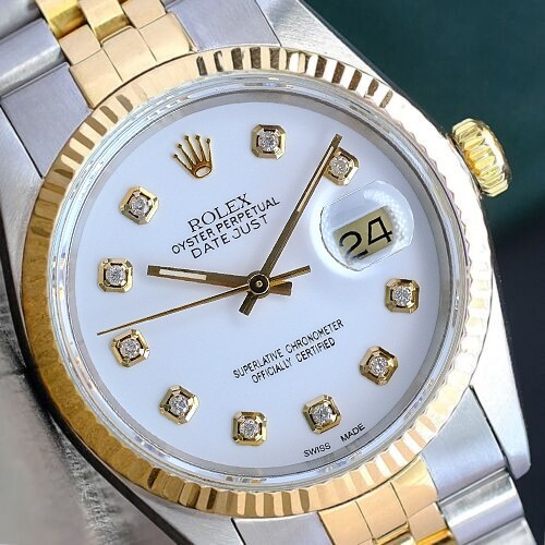 Rolex Mens Datejust Two-Tone Watch White Diamond Dial 18KY Fluted Bezel Watch
