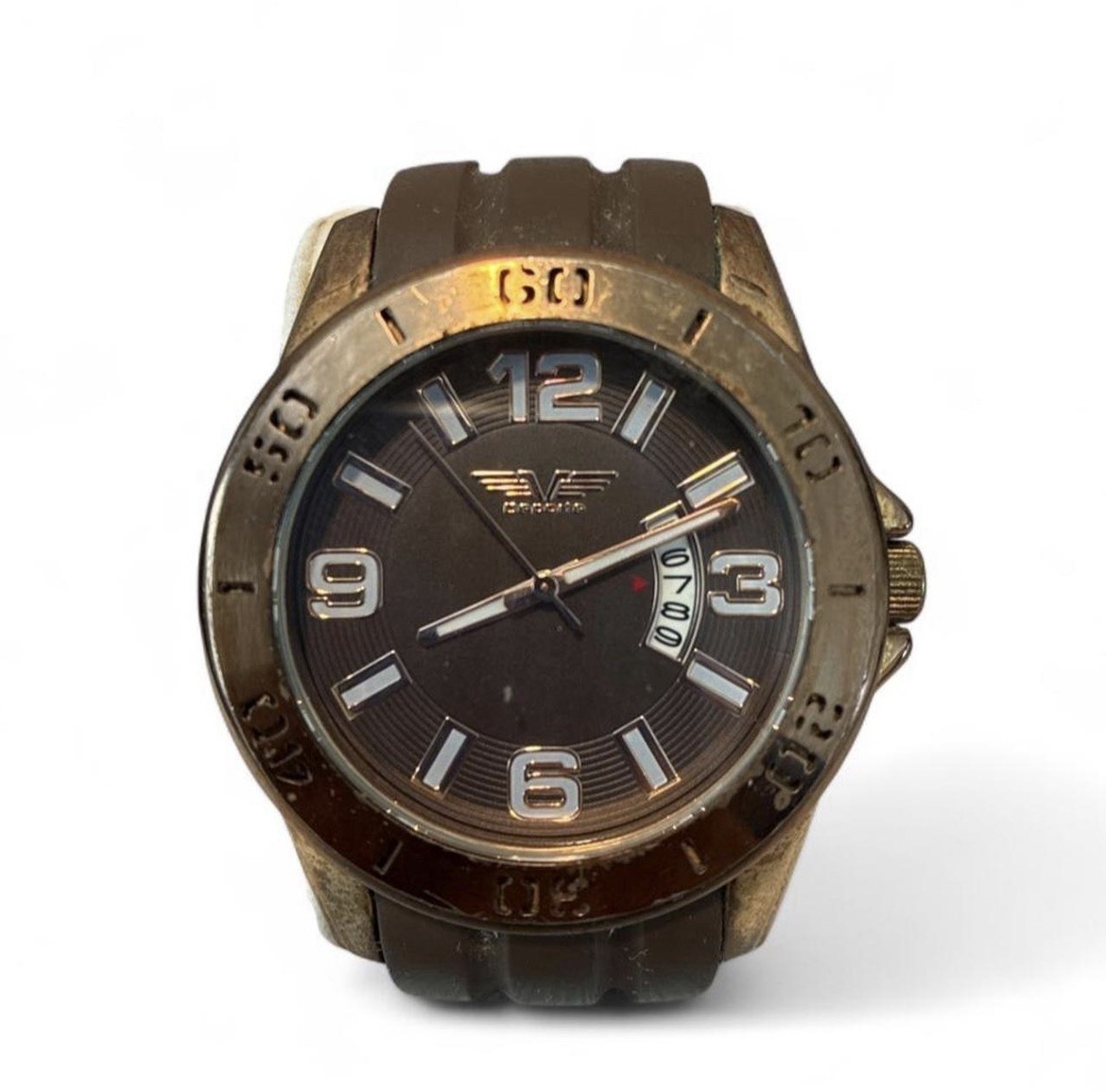 Deporte Mens Analog Quartz Watch Brown Dial Bronze-Tone Case Date Silicone