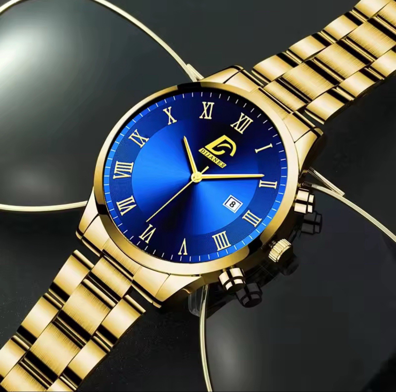 DIJANES Men’s Analog Wristwatch Date Blue Dial Roman Numerals Metal Band