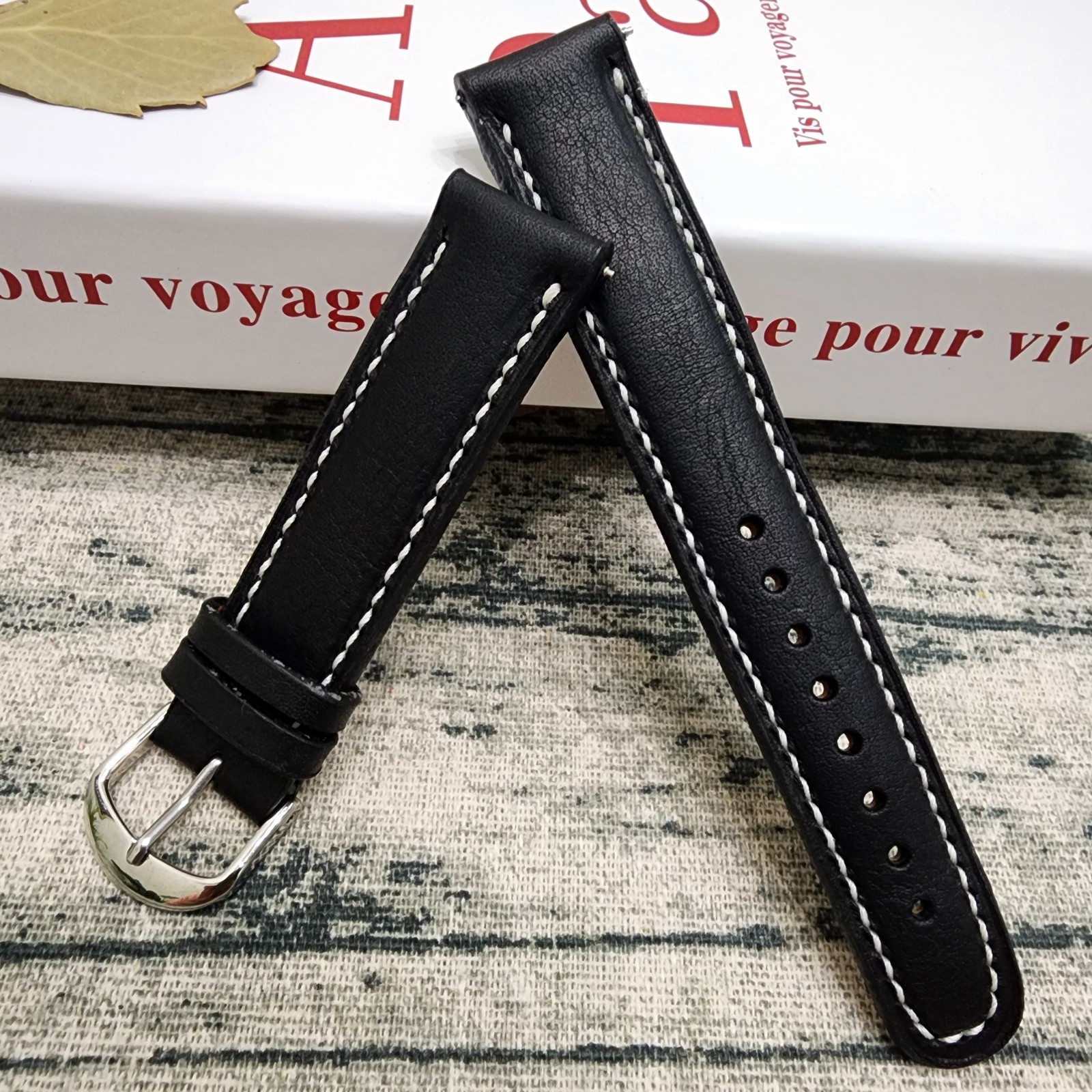 20mm Handmade Genuine Cowhide Leather Watch Strap Black 20-18 Workshop Special