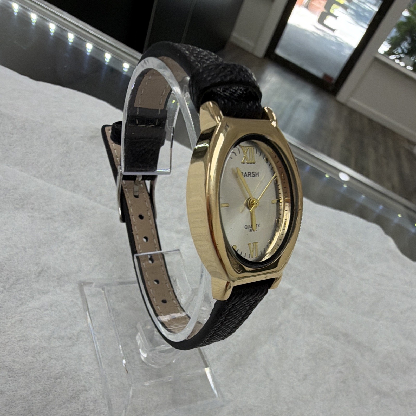 BARSH Women’s Quartz Analog Oval Dress Watch Gold Tone Silver Dial Black Leather