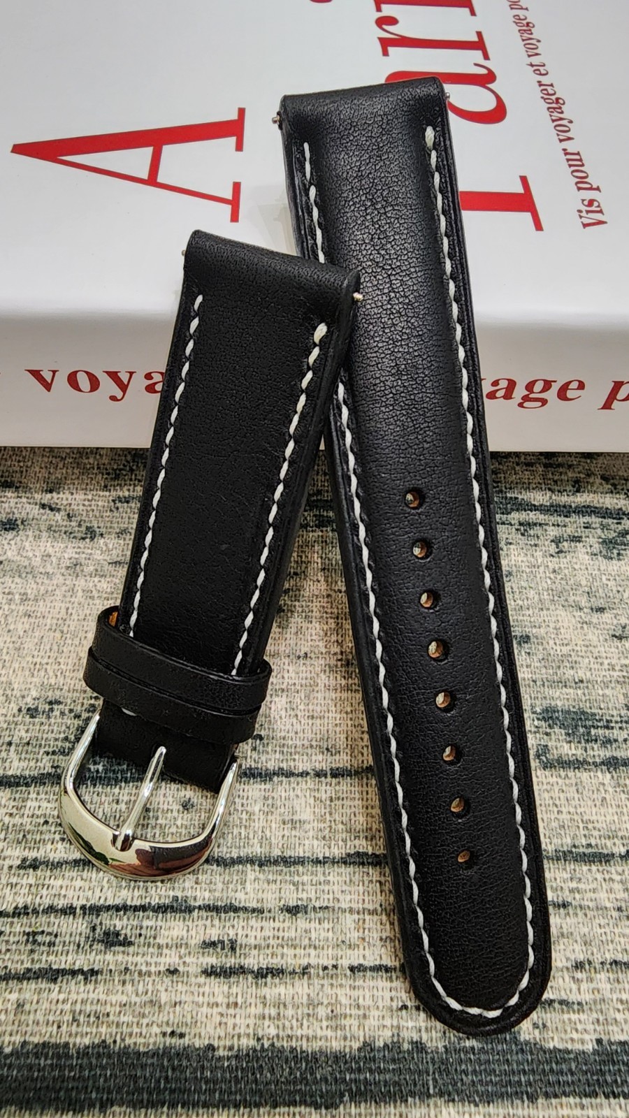 22mm Handmade Genuine Cowhide Leather Watch Strap Black 22-20 Workshop Special