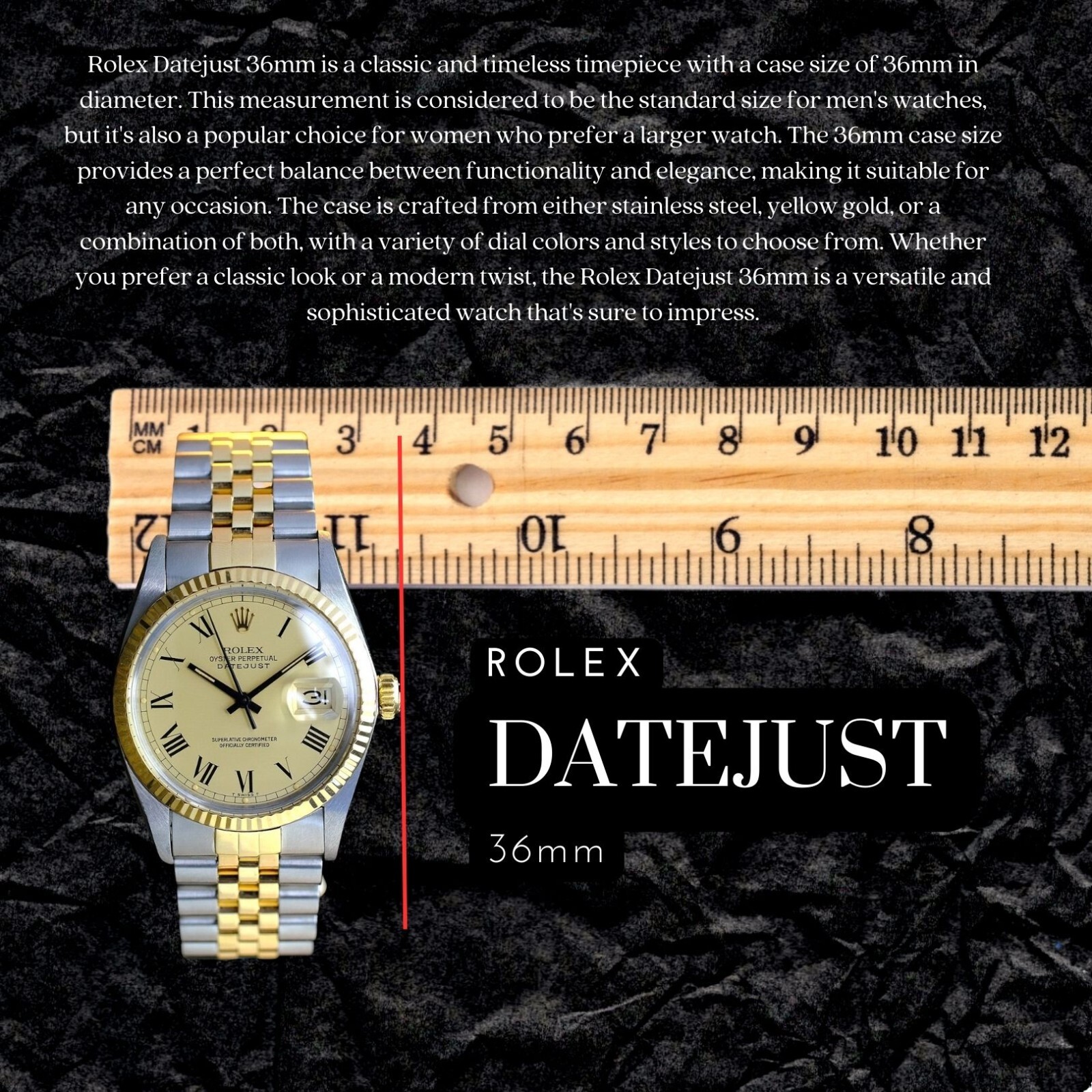 ROLEX MENS DATEJUST STAINLESS STEEL BLACK DIAMOND DIAL ENGINE TURNED 36MM WATCH